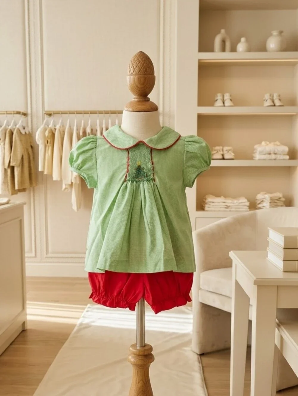 Baby Blessings Smocked Christmas Tree Outfit Red Bloomer Set 6M Boutique